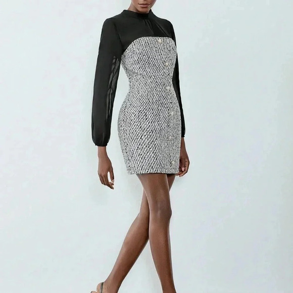 Black Elegant Women's Button Decor Chiffon Patchwork Lantern Sleeve Dress - Picture 5 of 6